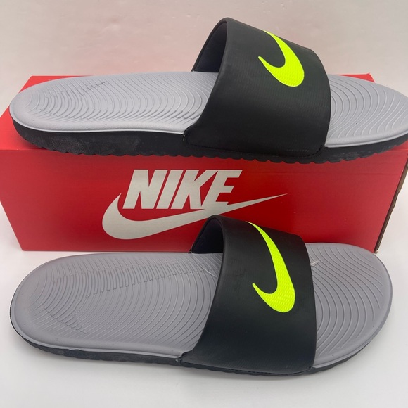 Nike Men’s Black Slides with Neon Green Logo - Picture 2 of 16